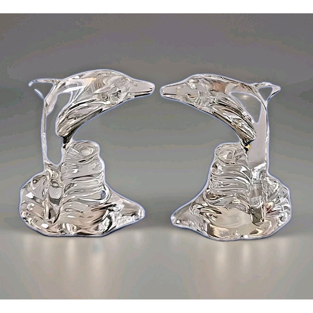 Vintage Pair of Lenox "Dolphins On Waves" Full Lead Crystal Art 3" Sculptures